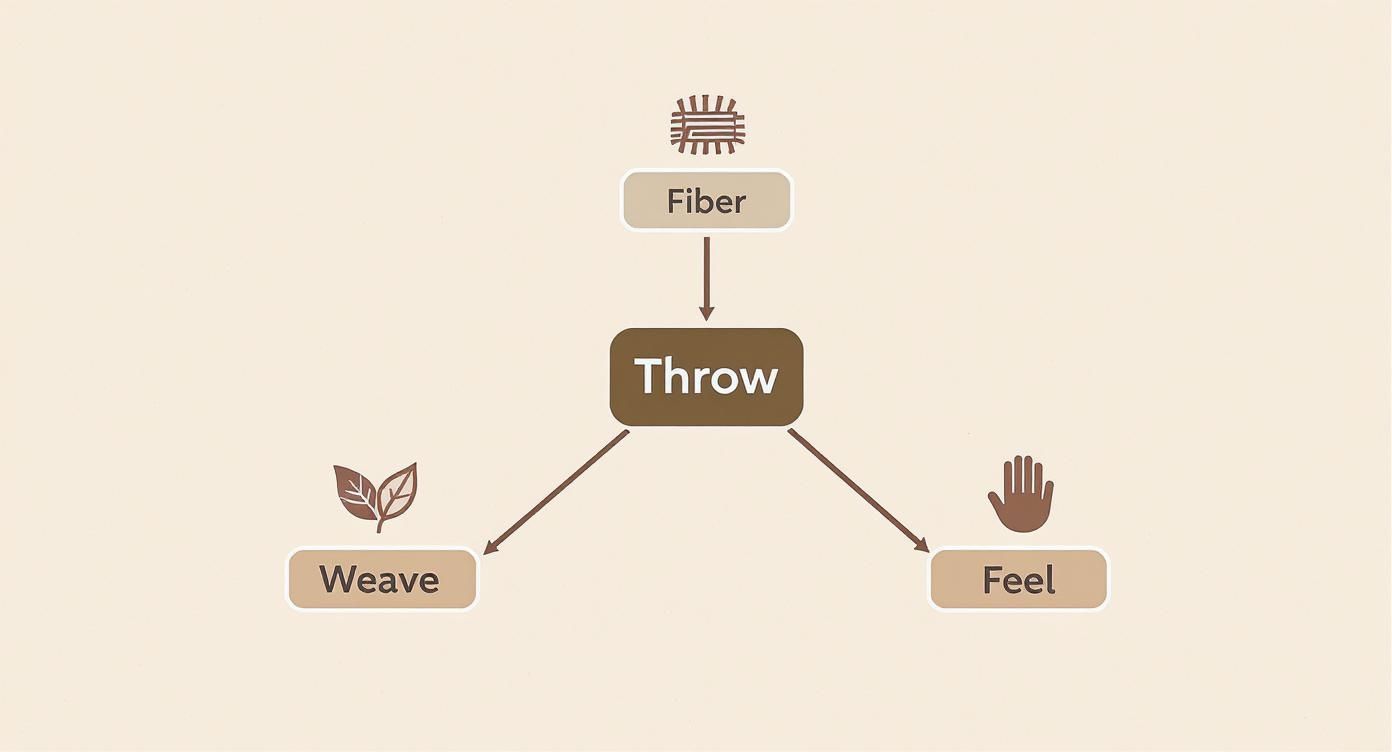 A conceptual diagram linking fiber to a throw, highlighting its weave and feel aspects.