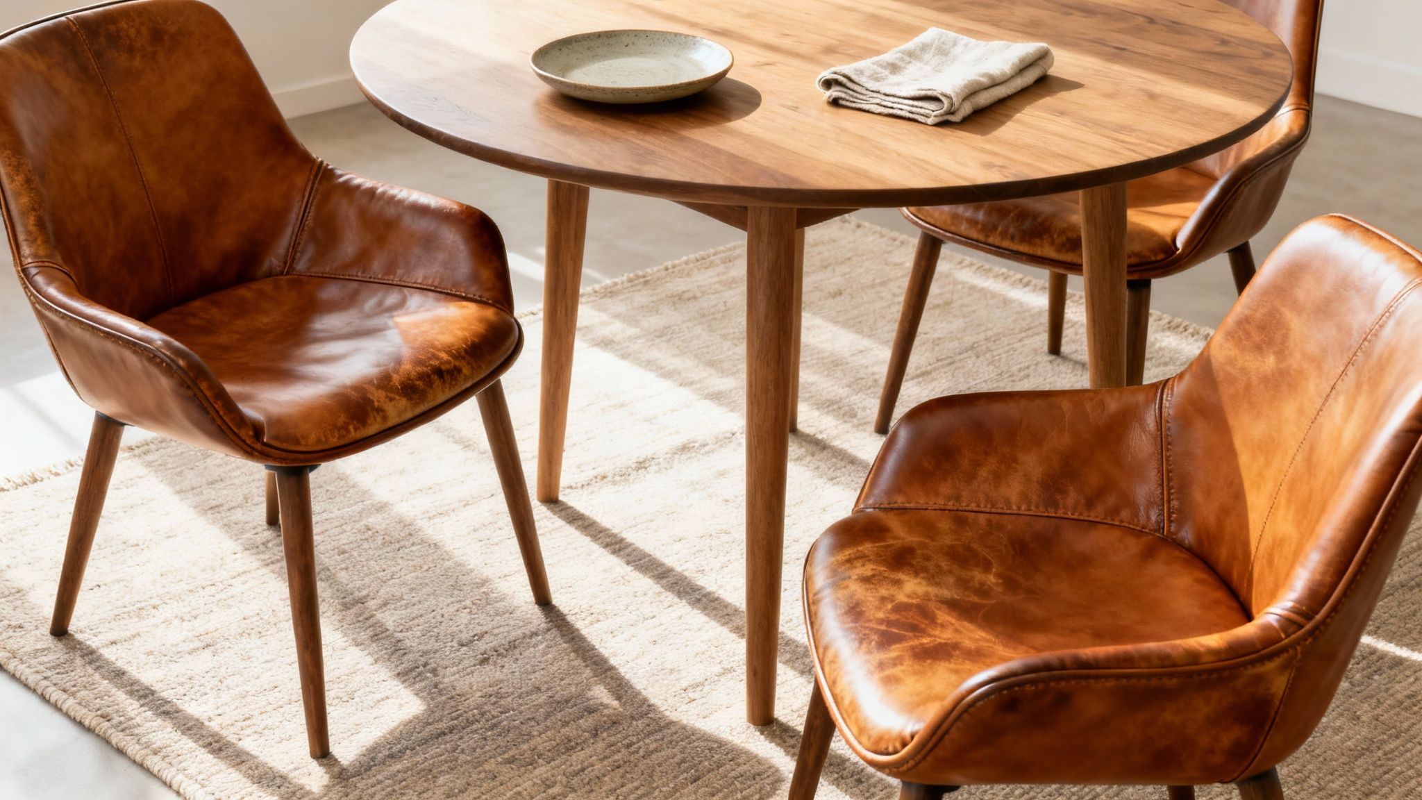 A modern dining room features a round wooden table surrounded by three brown leather chairs on a textured rug.