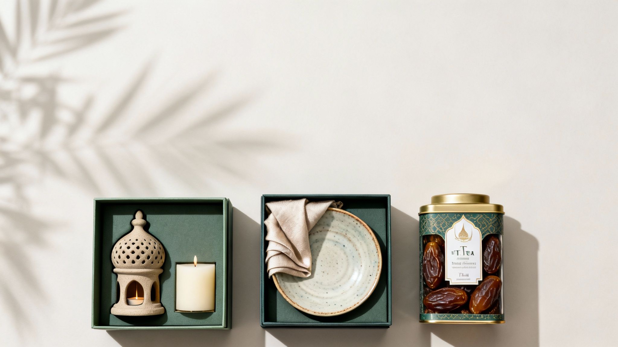 Three festive Ramadan gift boxes displayed, featuring dates, a candle lantern, and a ceramic plate.
