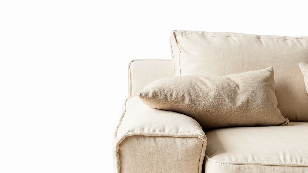 Close-up of a cozy, light beige linen sofa with a throw pillow, on a white background.