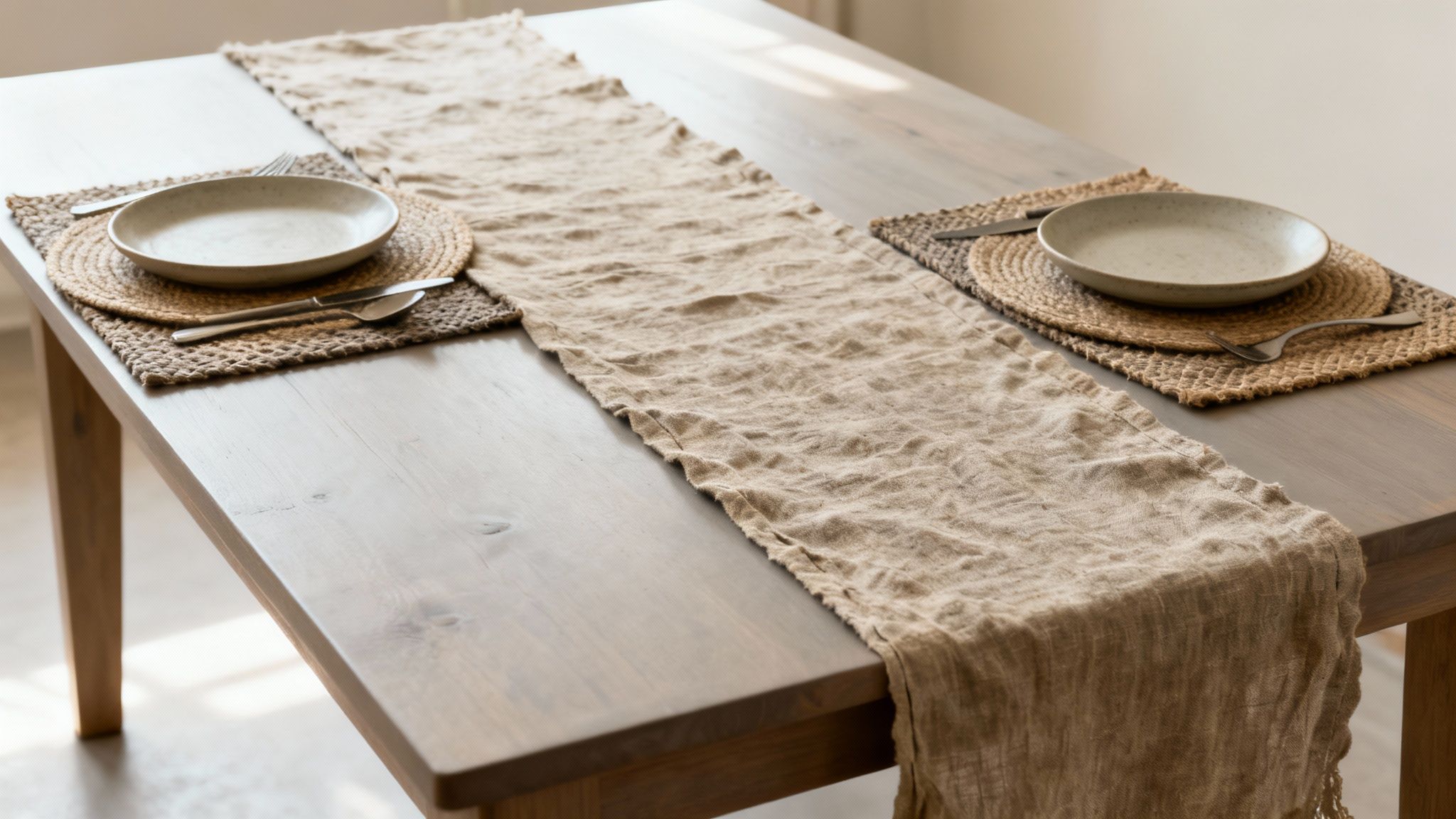 A rustic wooden dining table is set with a beige linen runner and two woven placemats, plates, and cutlery.
