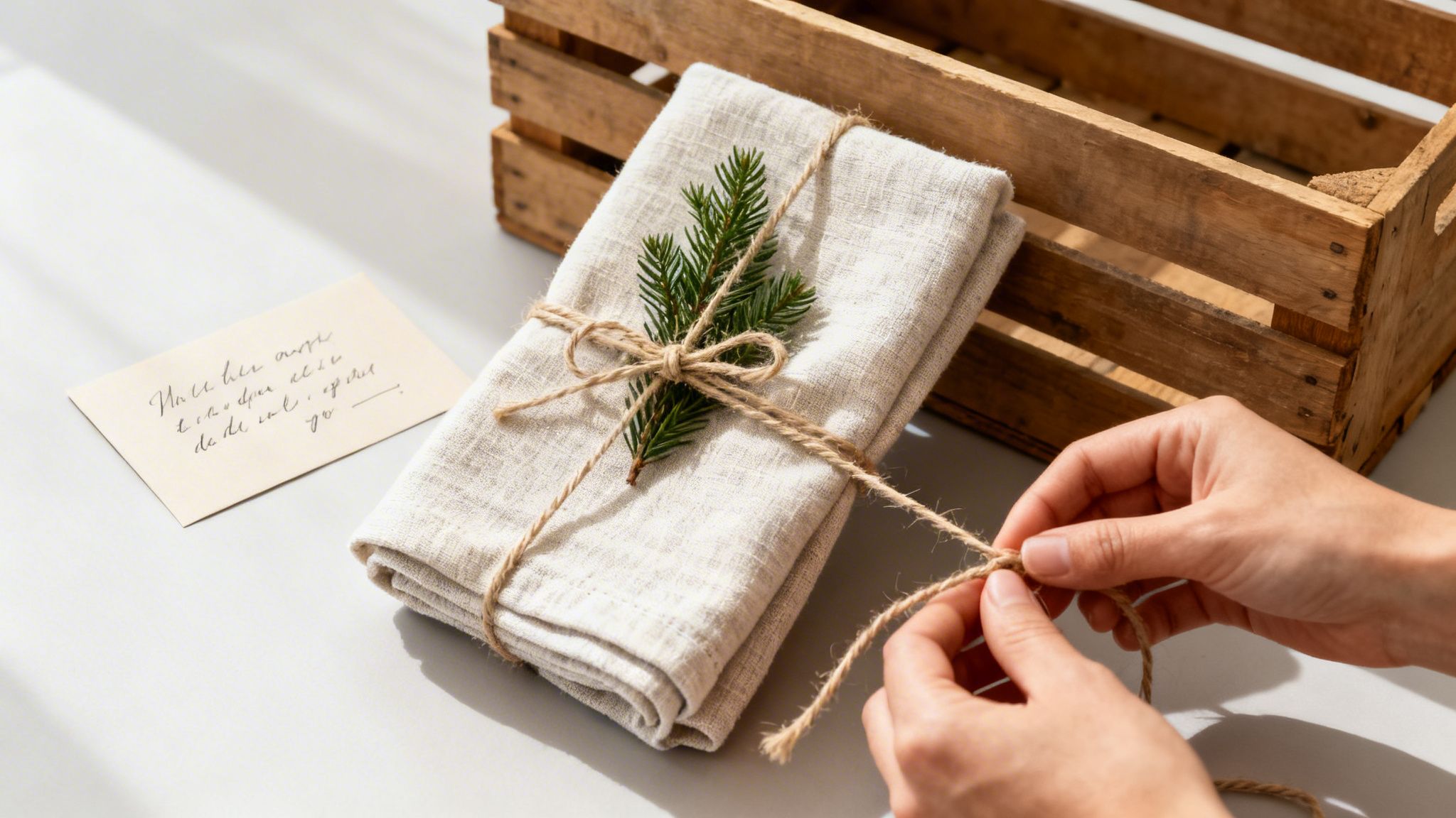 Hands tying a twine bow around a folded linen napkin with a fir branch, next to a note card and a wooden crate.