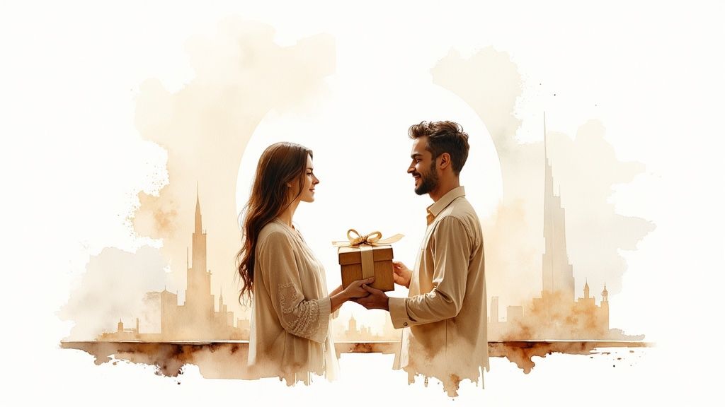 A man gives a wrapped gift box to a smiling woman against a watercolor city skyline.