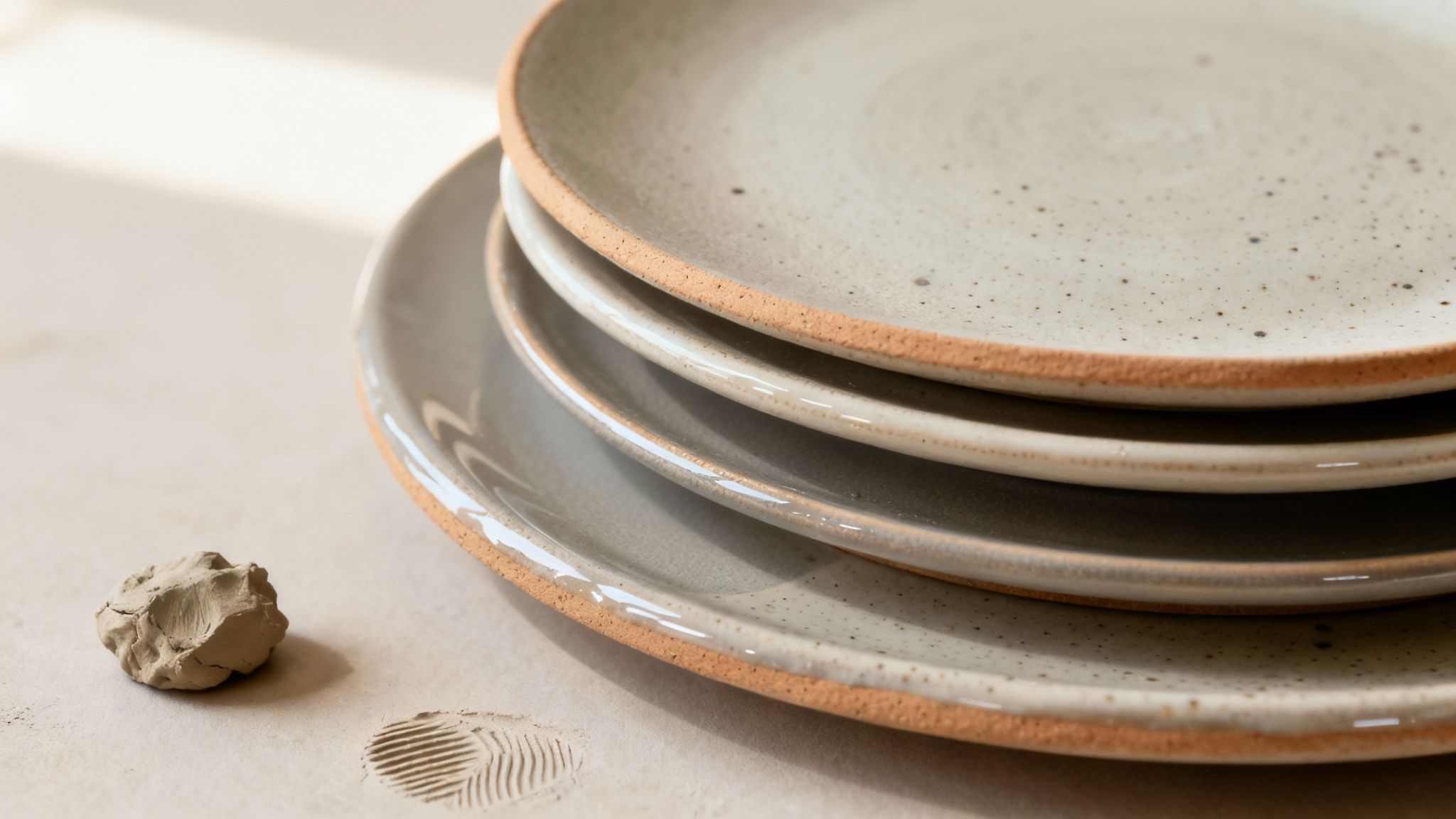 Stack of handmade speckled stoneware plates and a piece of raw clay, illuminated by natural light.