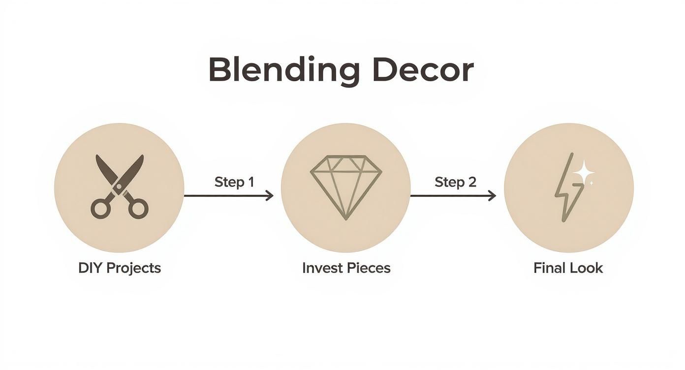 An infographic timeline showing the stages of blending decor for a birthday party at home, starting with DIY projects, then choosing investment pieces, and ending with the final look.