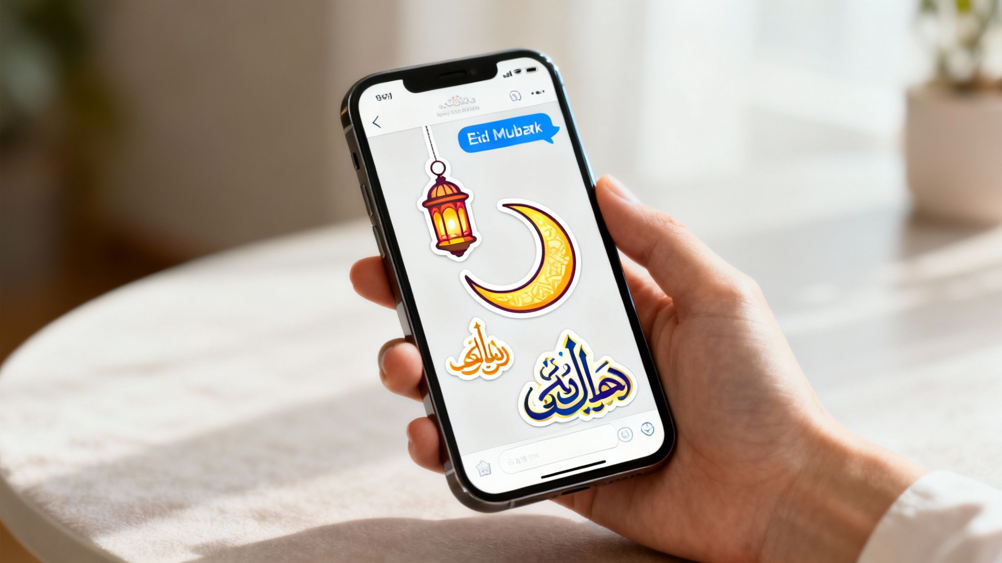 A smartphone screen showing a vibrant selection of digital Eid Mubarak stickers in a messaging app.