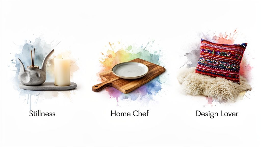 Three lifestyle concepts: Stillness, Home Chef, and Design Lover with associated home items.