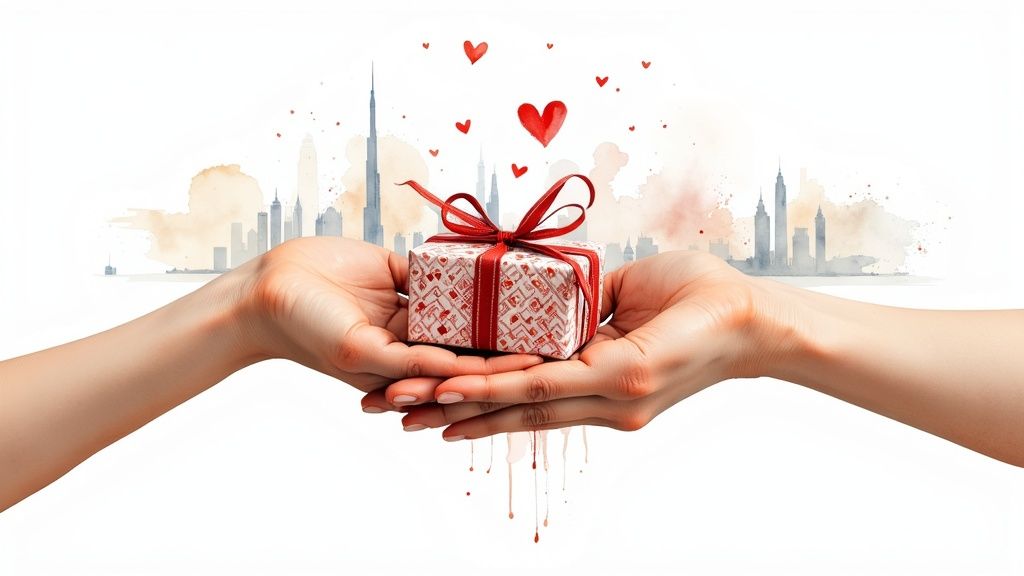 Two hands present a festive gift box with red ribbon, surrounded by floating hearts and a city skyline.
