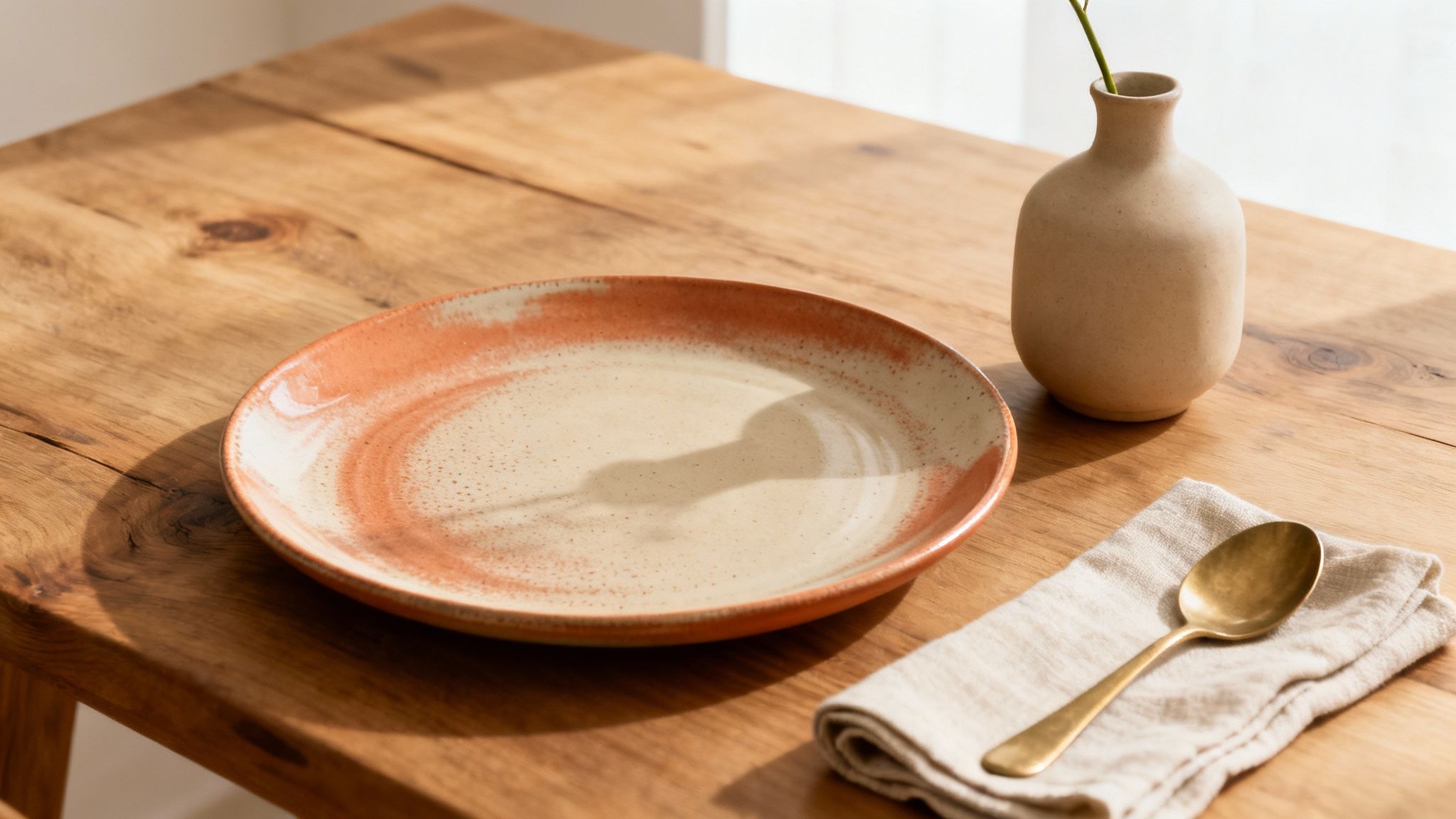 A rustic wooden table setting with a ceramic plate, a small vase, a linen napkin, and a brass spoon under sunlight.
