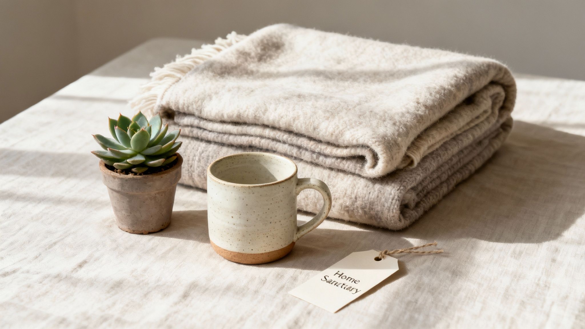 A thoughtfully arranged collection of home decor items, including a ceramic vase, a scented candle, and a soft throw blanket, on a minimalist wooden table.