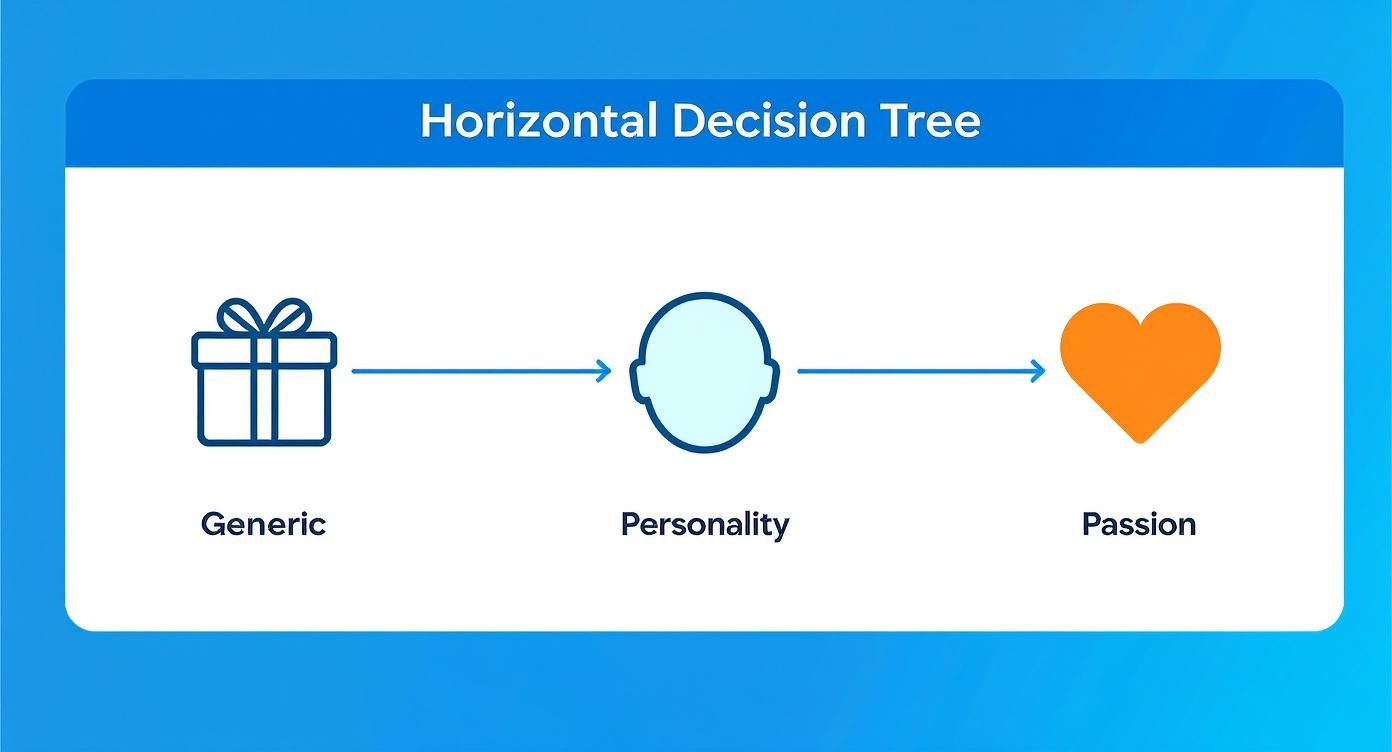 Infographic showing a decision tree for birthday gift ideas, starting with a generic gift box, moving to a personality icon, and ending with a passion icon.