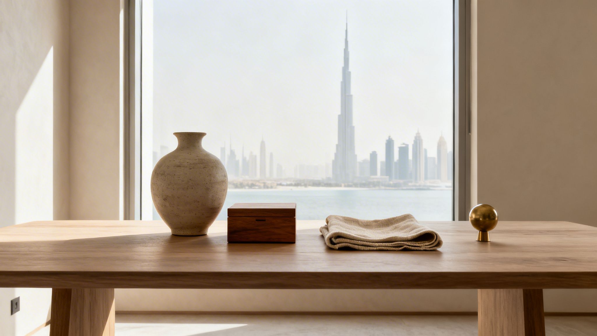 A minimalist wooden table with decorative items including a vase and box, overlooking the Dubai skyline with Burj Khalifa.