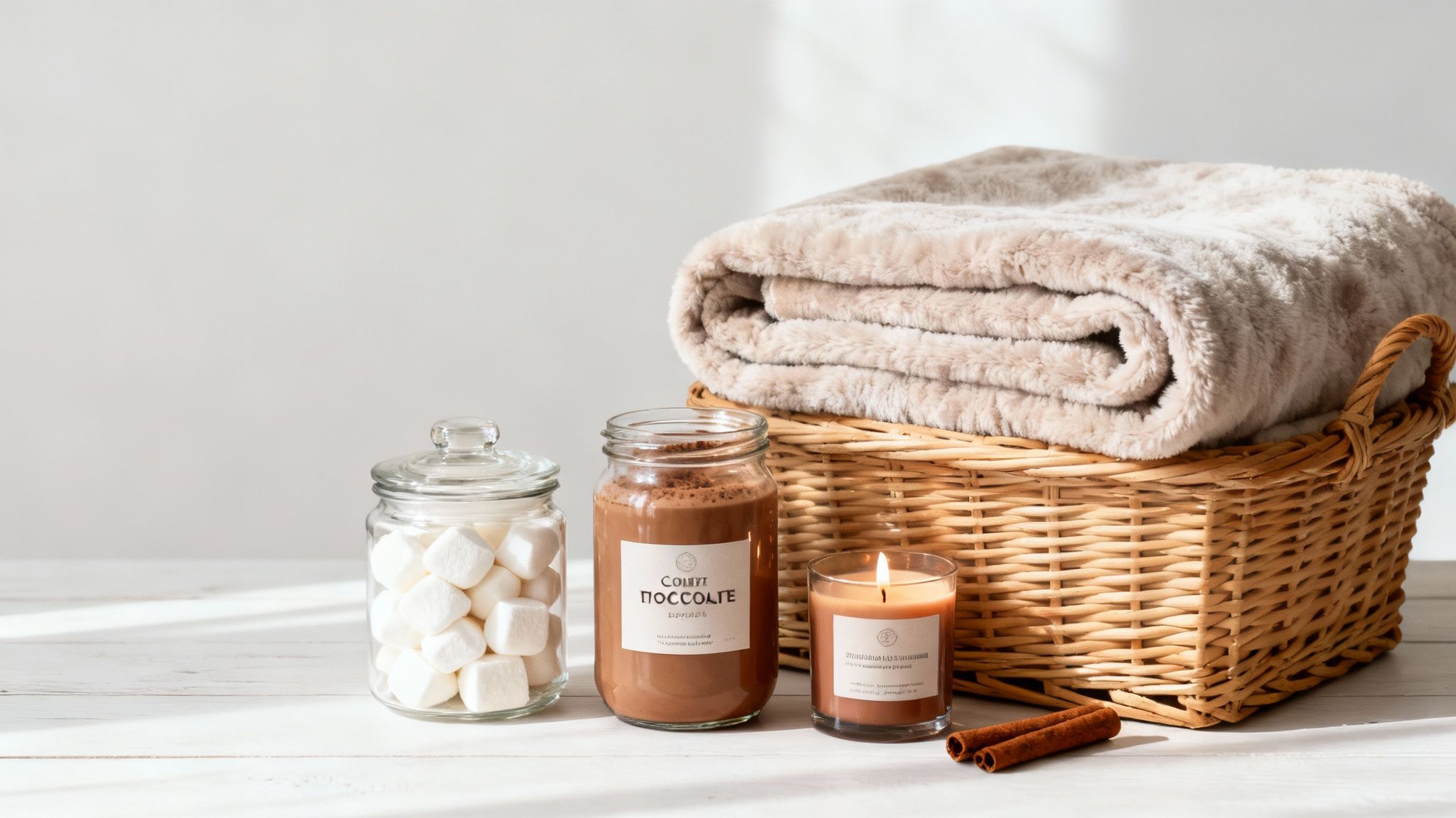 A beautifully arranged Christmas hamper with various gourmet items and festive decorations.