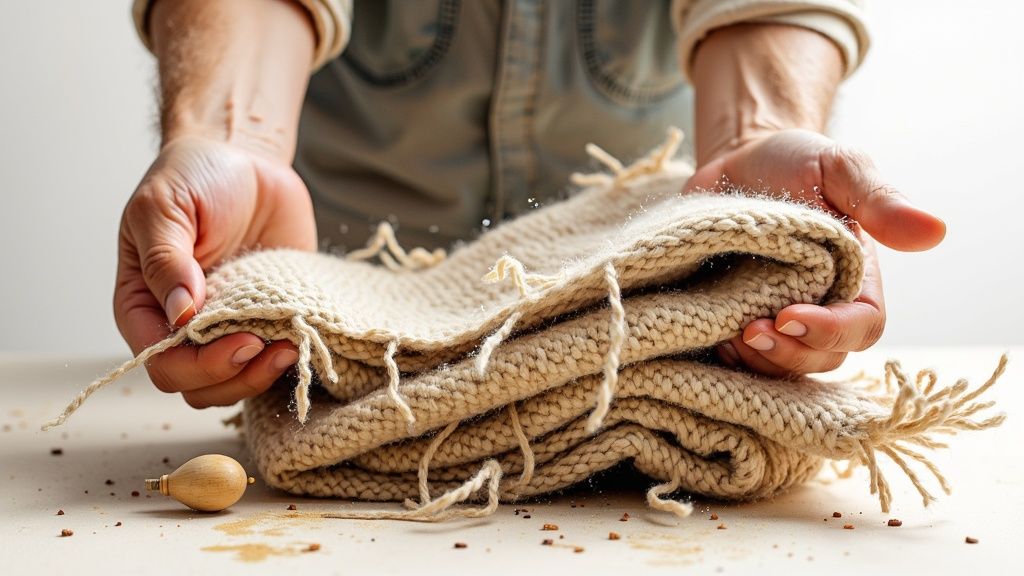Hands hold a cozy, light-colored knitted throw blanket shedding dust particles onto a table.
