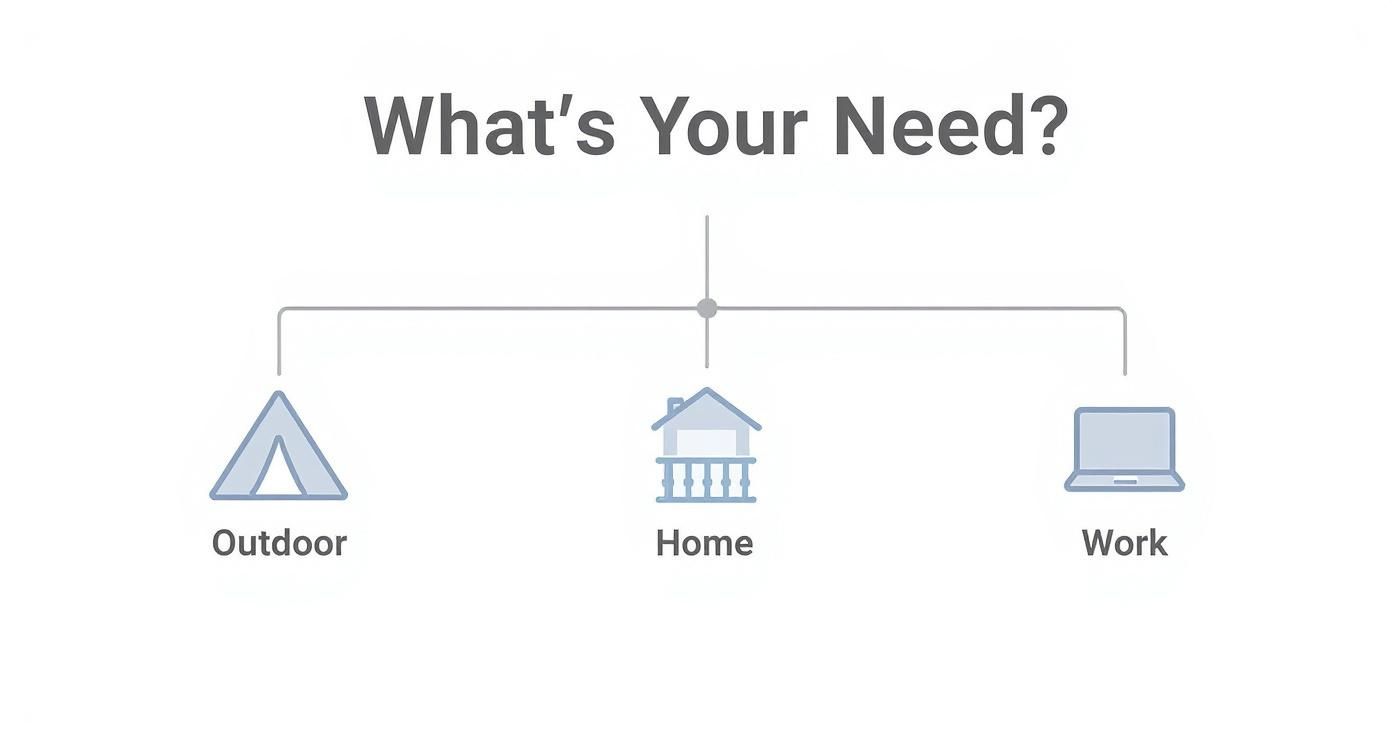 Infographic decision tree showing choices for a foldable chair based on outdoor, home, or work needs.