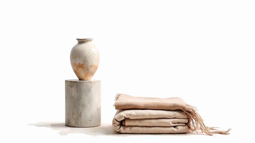 Minimalist ceramic vase on concrete pedestal with folded neutral blankets on white background