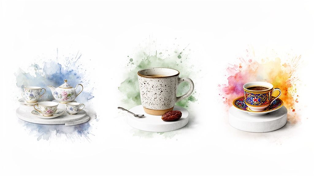 Assortment of drinkware including a floral tea set, a speckled mug, and an ornate coffee cup with watercolor splashes.