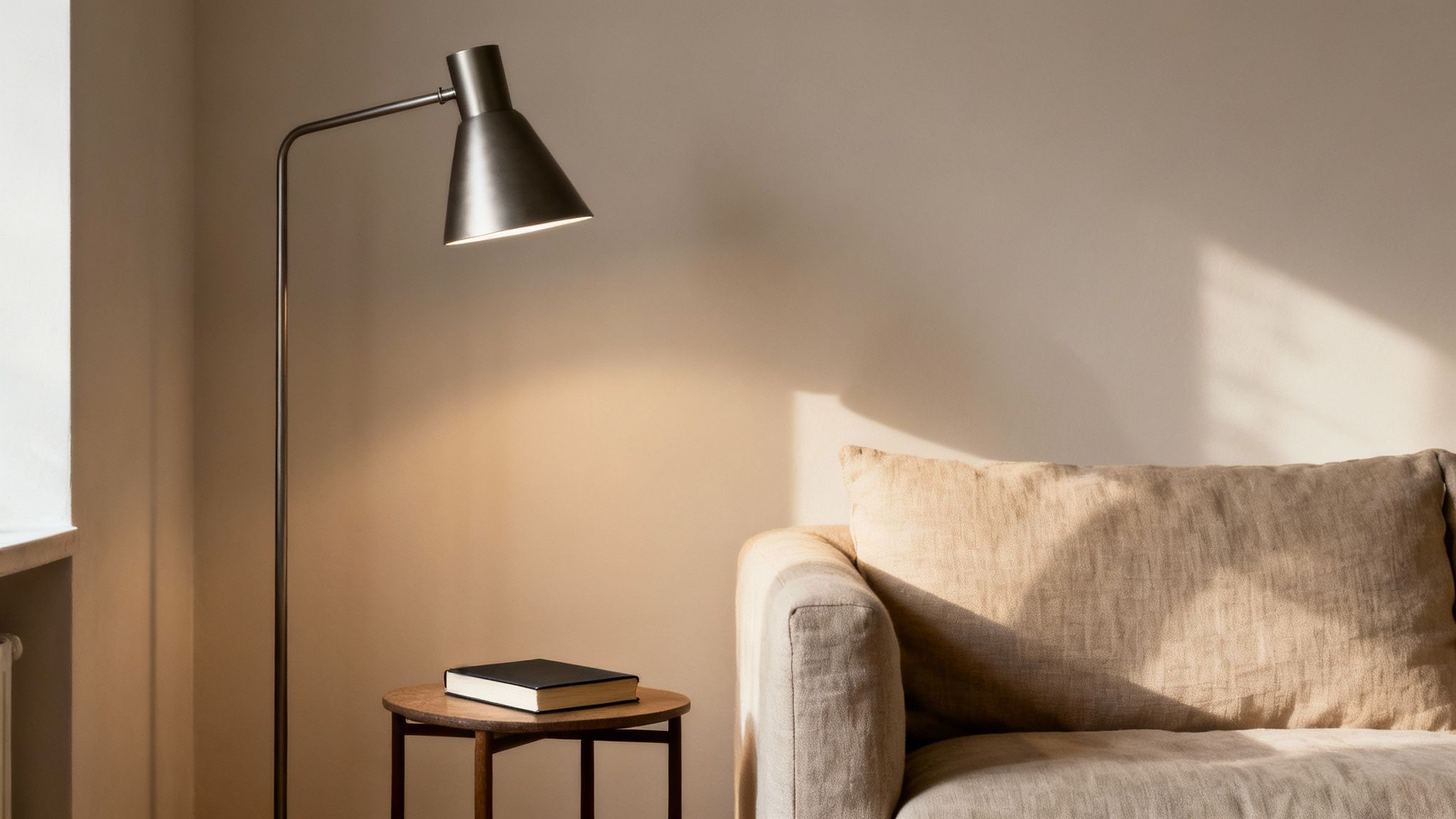 A contemporary living room featuring a modern floor lamp illuminating a book on a side table next to a beige sofa.