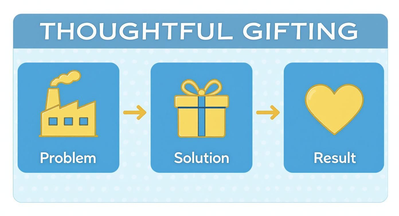 A visual diagram illustrating thoughtful gifting, showing a factory representing a problem, a gift as the solution, and a heart symbolizing the positive result.