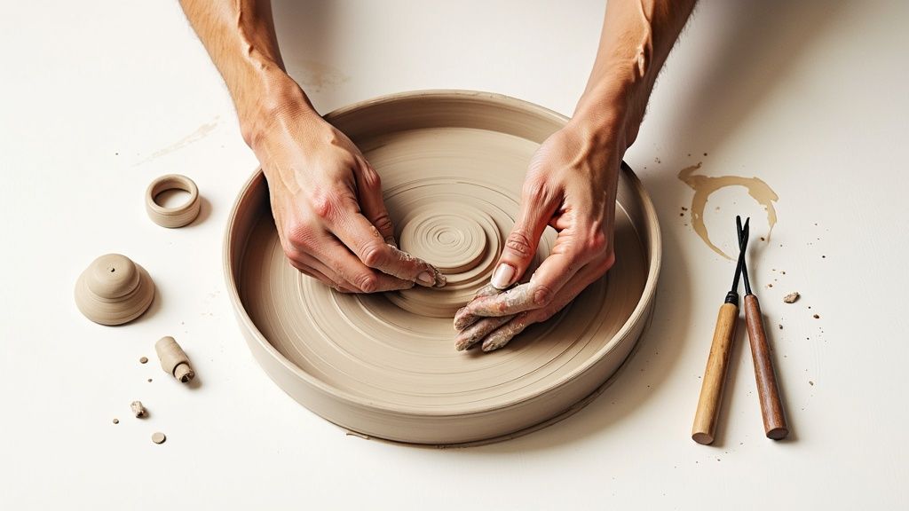 A person's hands are carefully shaping a piece of clay on a pottery wheel, surrounded by tools.
