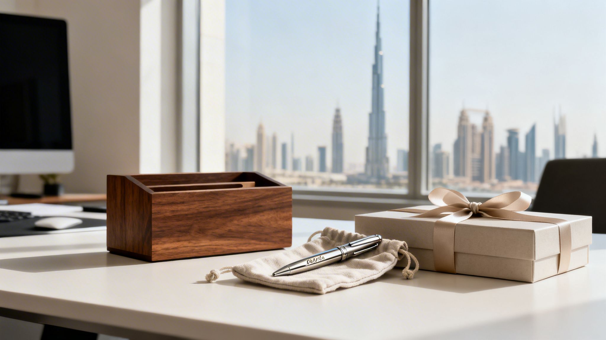 A sophisticated desk with a wooden organizer, a gift, and a pen, overlooking the stunning Dubai skyline.