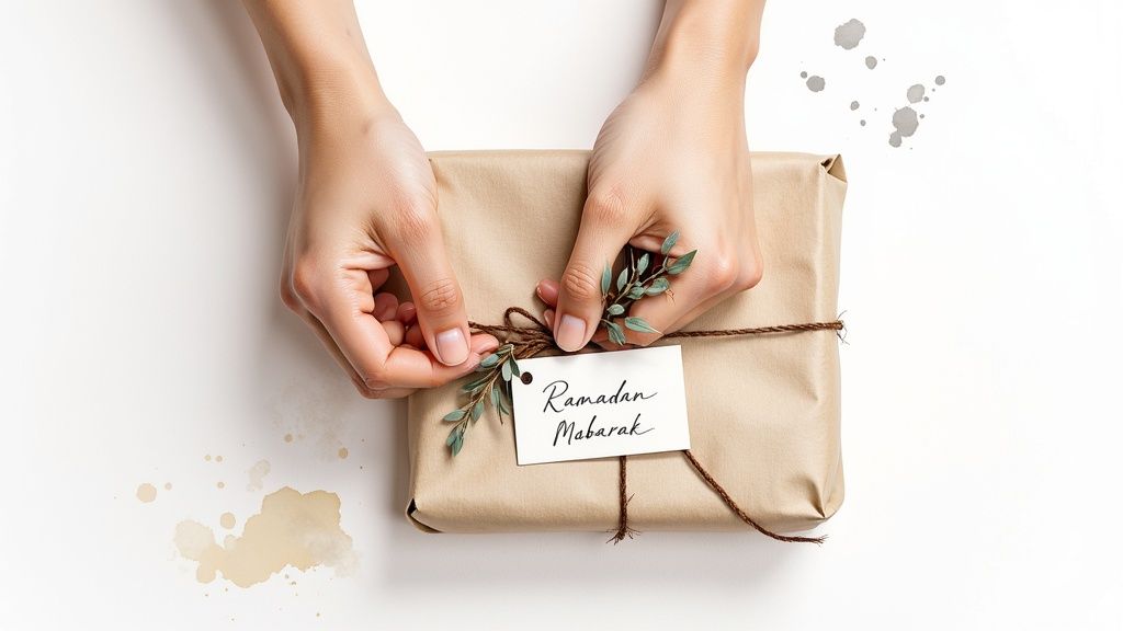 Hands decorate a brown paper gift with twine, green leaves, and a 'Ramadan Mubarak' tag.