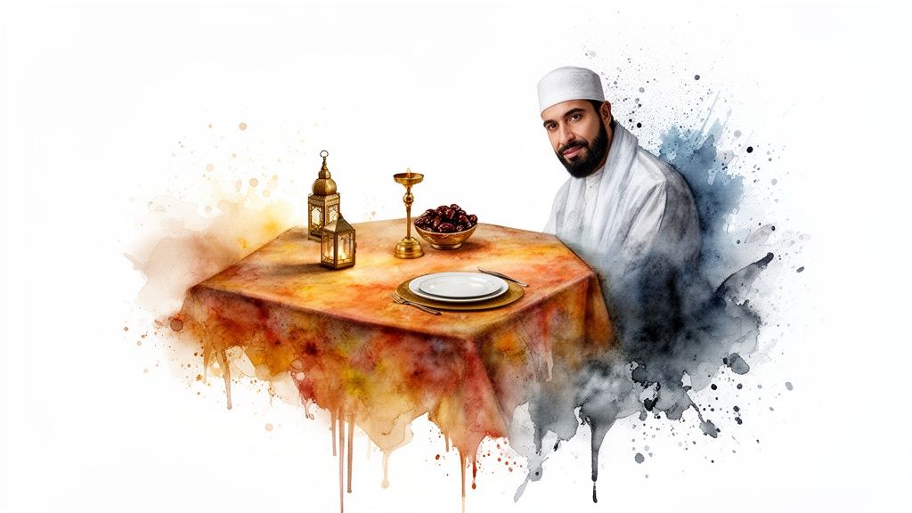 A watercolor painting of a smiling Muslim man at a Ramadan Iftar dining table with dates and lanterns.