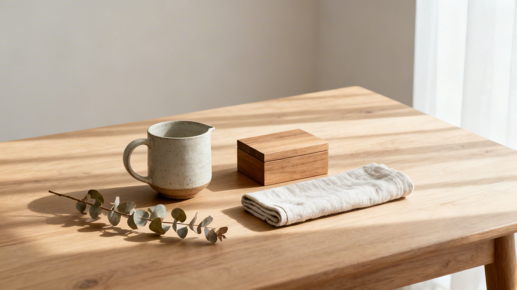A minimalist still life with a ceramic mug, wooden box, and eucalyptus branch on a sunlit wooden table.