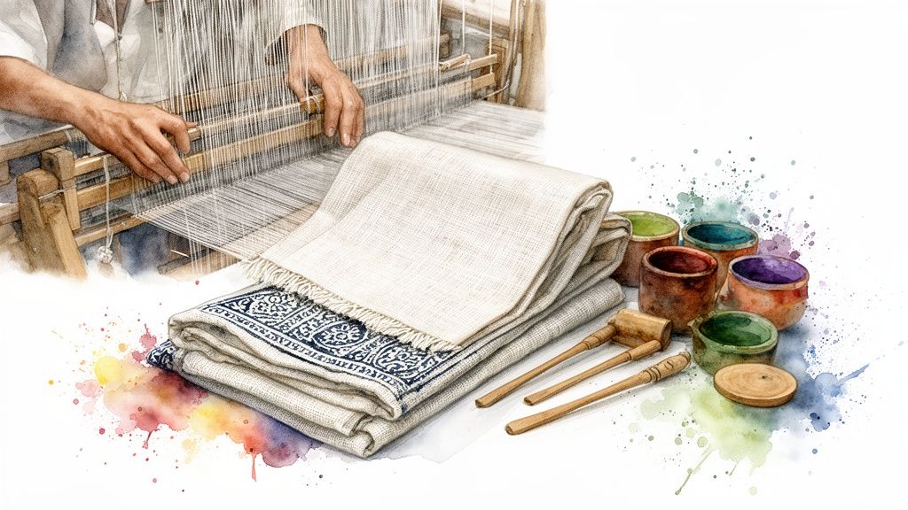 Hands weaving fabric on a traditional loom, surrounded by dyed textiles and colorful dye pots.