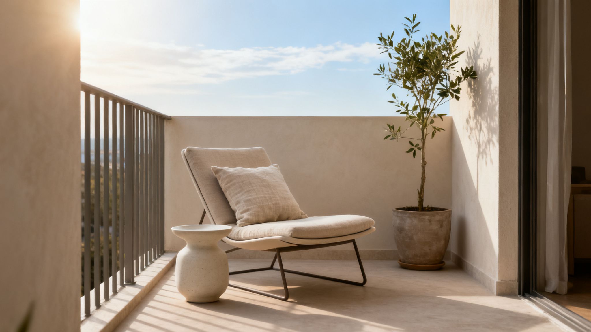 A tranquil outdoor balcony with a comfortable lounge chair, decorative vase, and potted olive tree under a sunny sky.