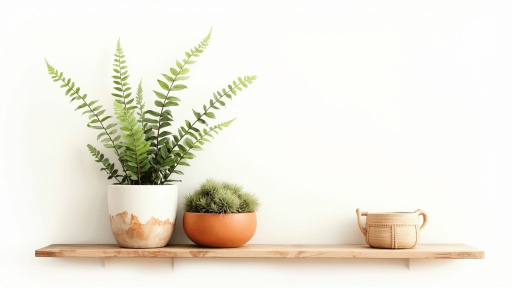 Three green plants, including a fern, and a woven basket arranged on a natural wood shelf against a white wall.