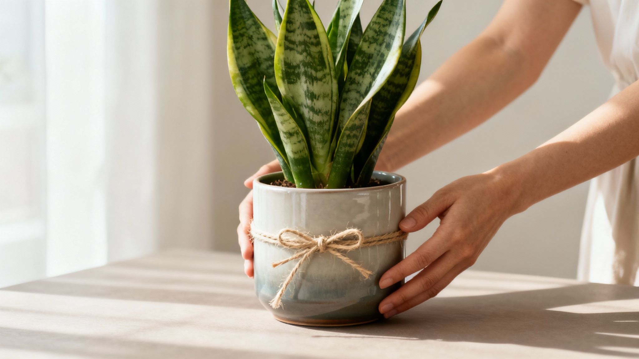 Hands carefully placing a snake plant in a decorative grey pot with a twine bow on a table.