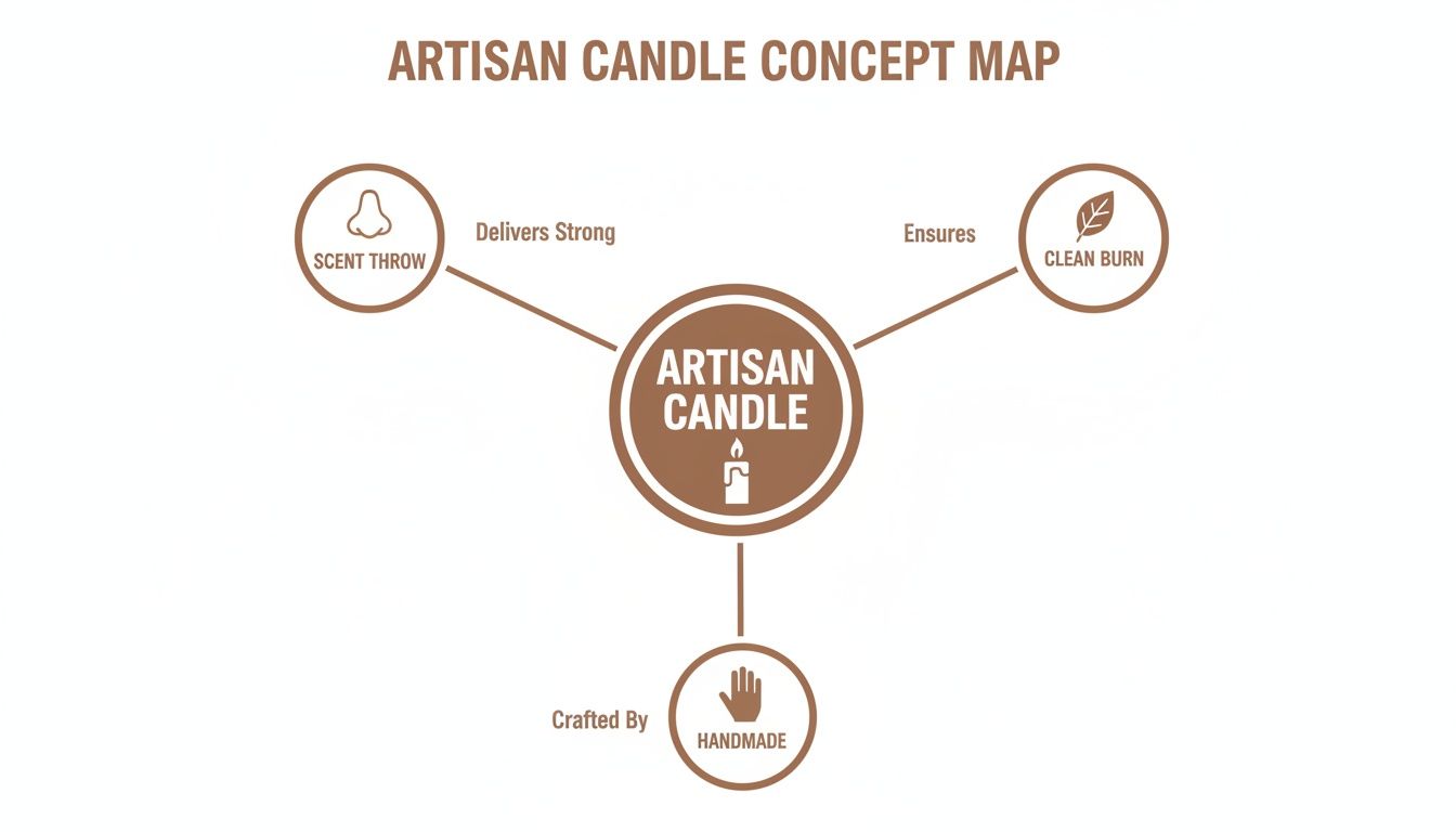 An artisan candle concept map illustrating features like strong scent throw, clean burn, and handmade quality.