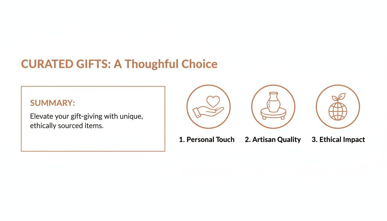 A slide detailing curated gifts, emphasizing personal touch, artisan quality, and ethical impact.