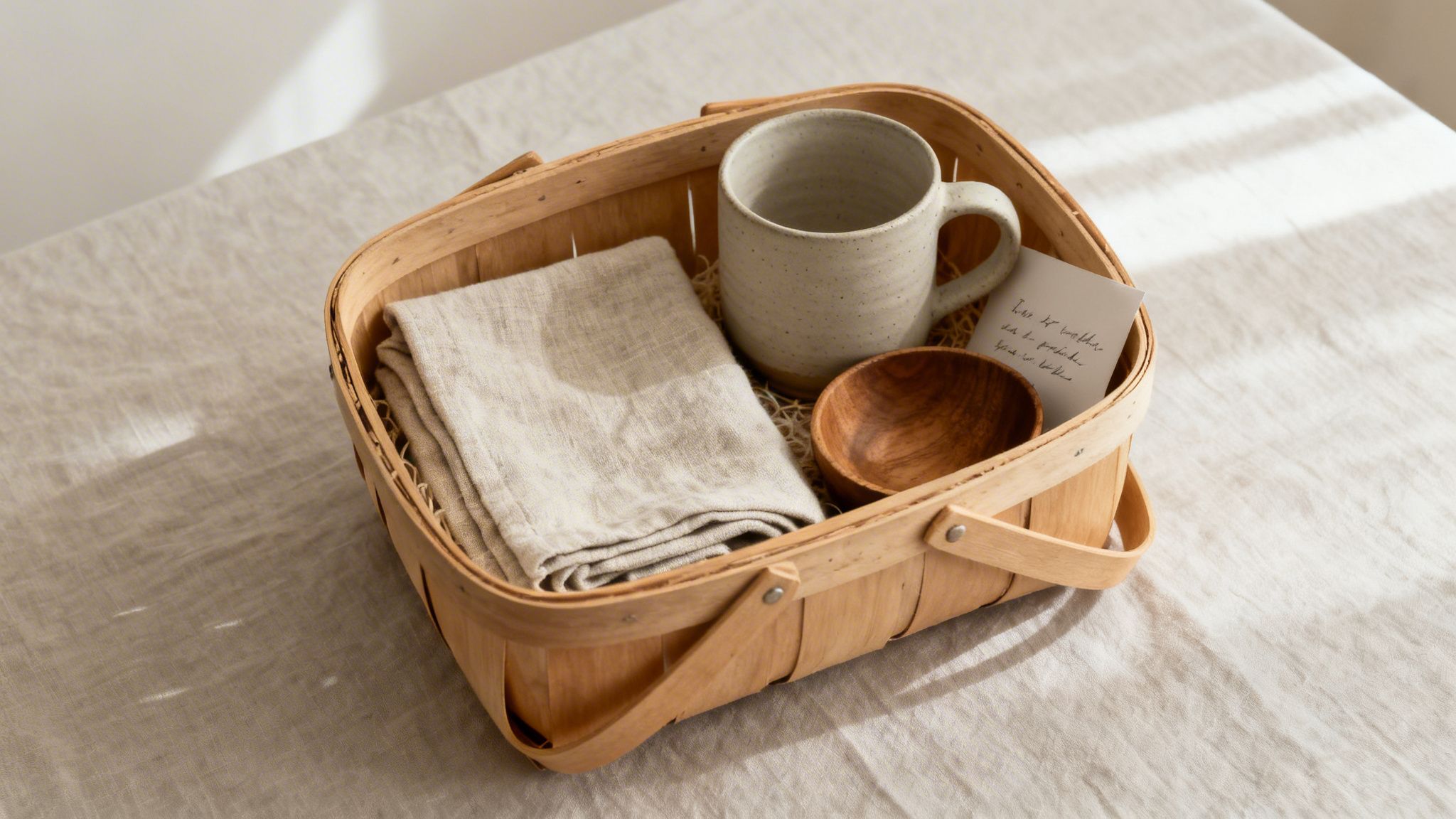 A rustic wooden gift basket filled with a linen napkin, ceramic mug, wooden bowl, and a note card.