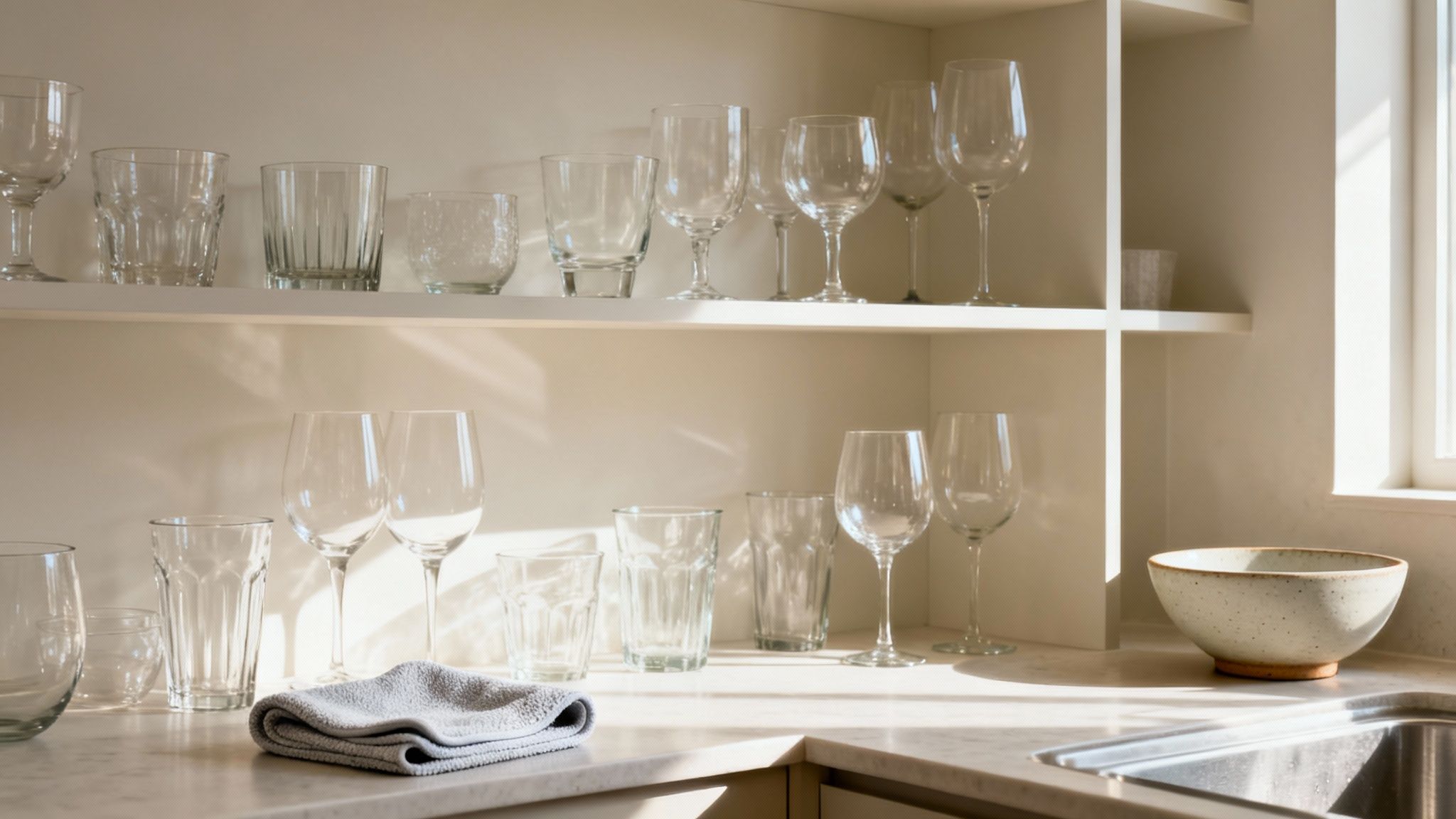 A clean kitchen shelf and countertop displays various clear glassware, a towel, and a ceramic bowl.