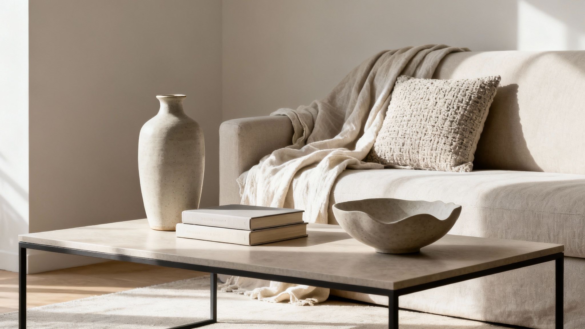 A light-filled living room featuring a neutral sofa, throw, pillow, coffee table, vase, books, and bowl.