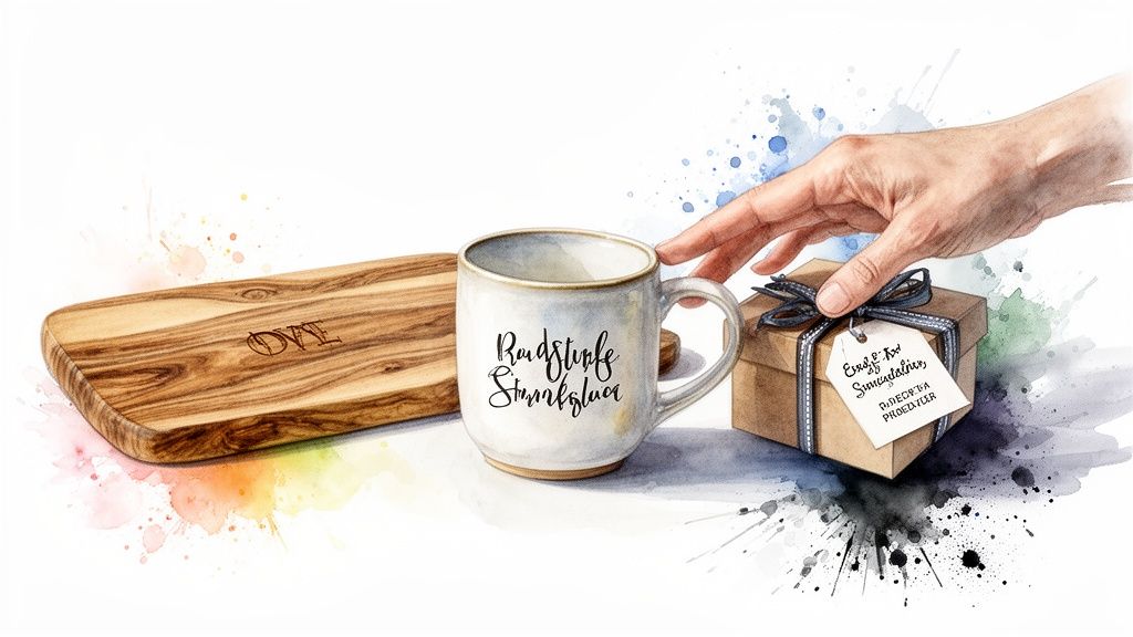 A watercolor image of a hand reaching for a customized gift box, a mug, and a wooden board.