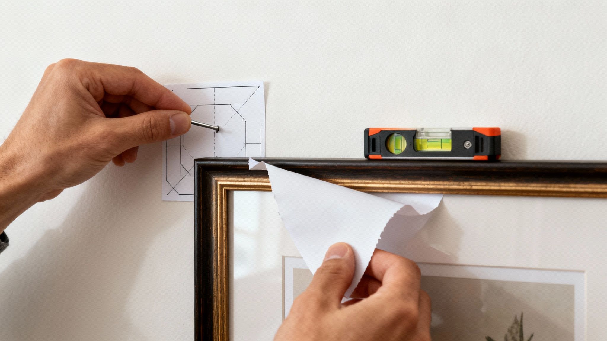 A person using a spirit level to ensure a picture frame is perfectly straight on a wall.