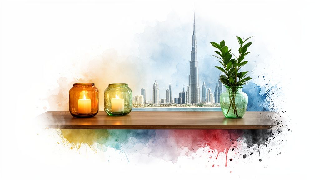 A modern wooden shelf with glass candle holders and a plant vase overlooks a watercolor Dubai cityscape.
