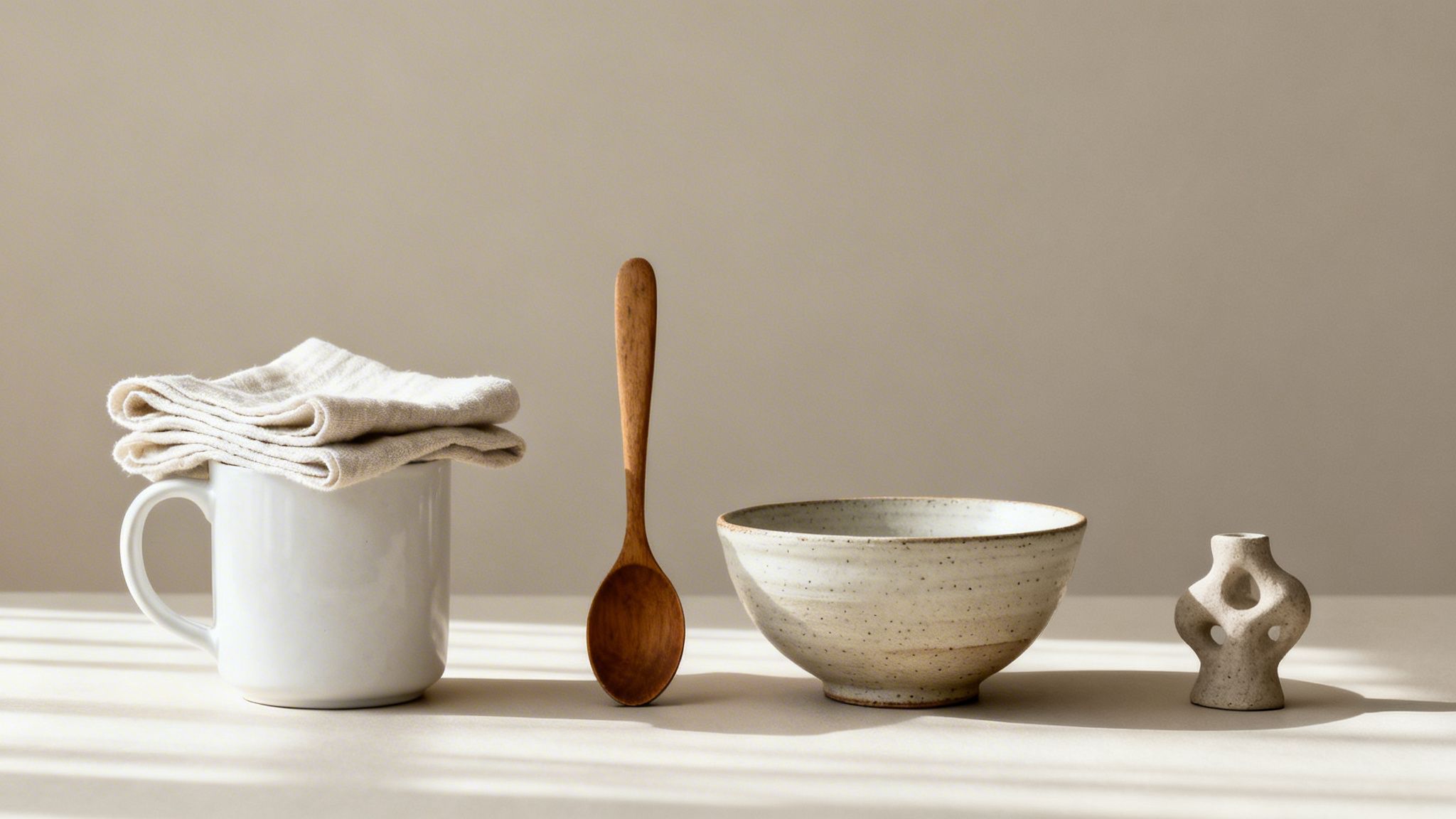 A collection of ceramic kitchenware including a mug, spoon, bowl, and decorative object on a counter.