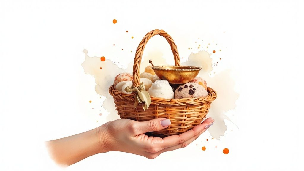 A hand holds a wicker basket filled with traditional Indian sweets and a golden offering bowl.