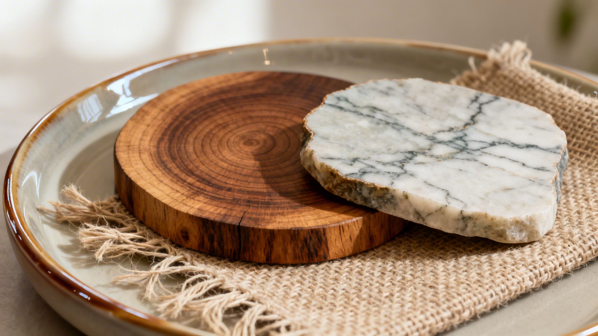 A ceramic plate holds a rustic round wooden coaster, a marble coaster, and a woven burlap mat.