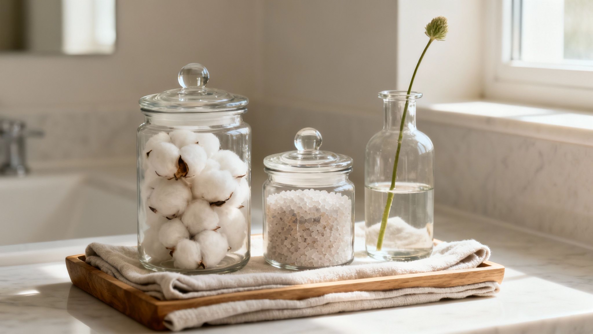 Three clear glass jars with cotton, bath salts, and a single flower stem on a wooden tray.