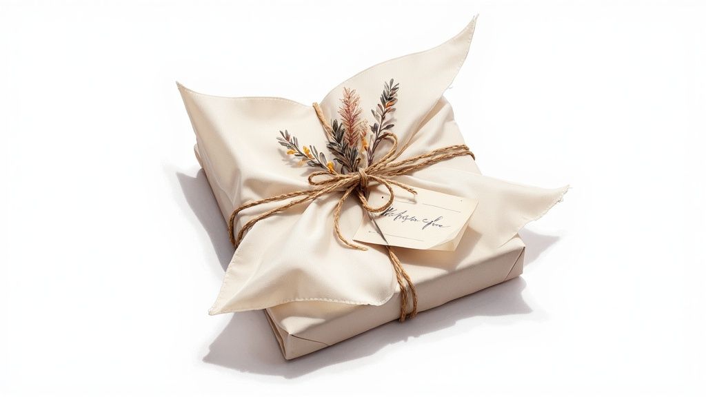 A beautifully wrapped gift in cream fabric, tied with natural twine and decorated with foliage and a tag.