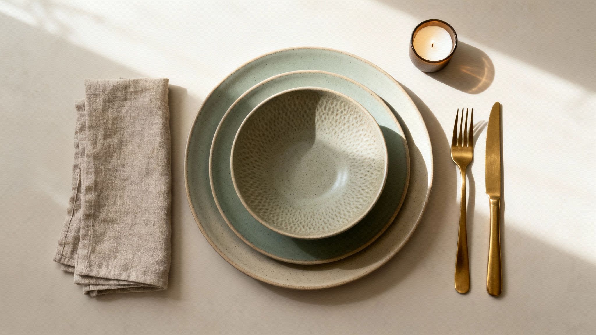 An elegant stoneware dinnerware set with gold cutlery, a linen napkin, and a lit candle, bathed in natural light.