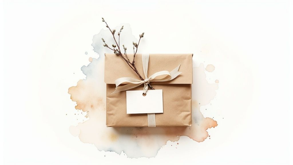 Elegant kraft paper gift box wrapped with ribbon, blank tag and dried branches on watercolor background