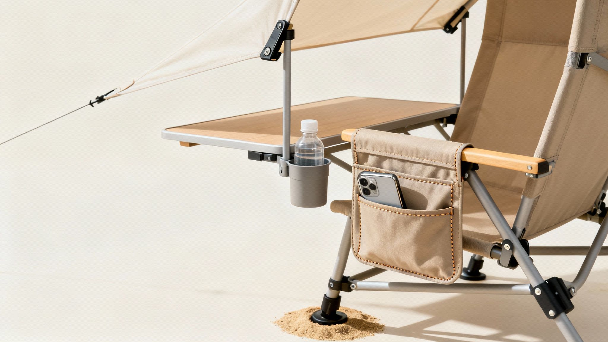 A foldable chair with a table set up in a cozy outdoor setting, showcasing its smart features.