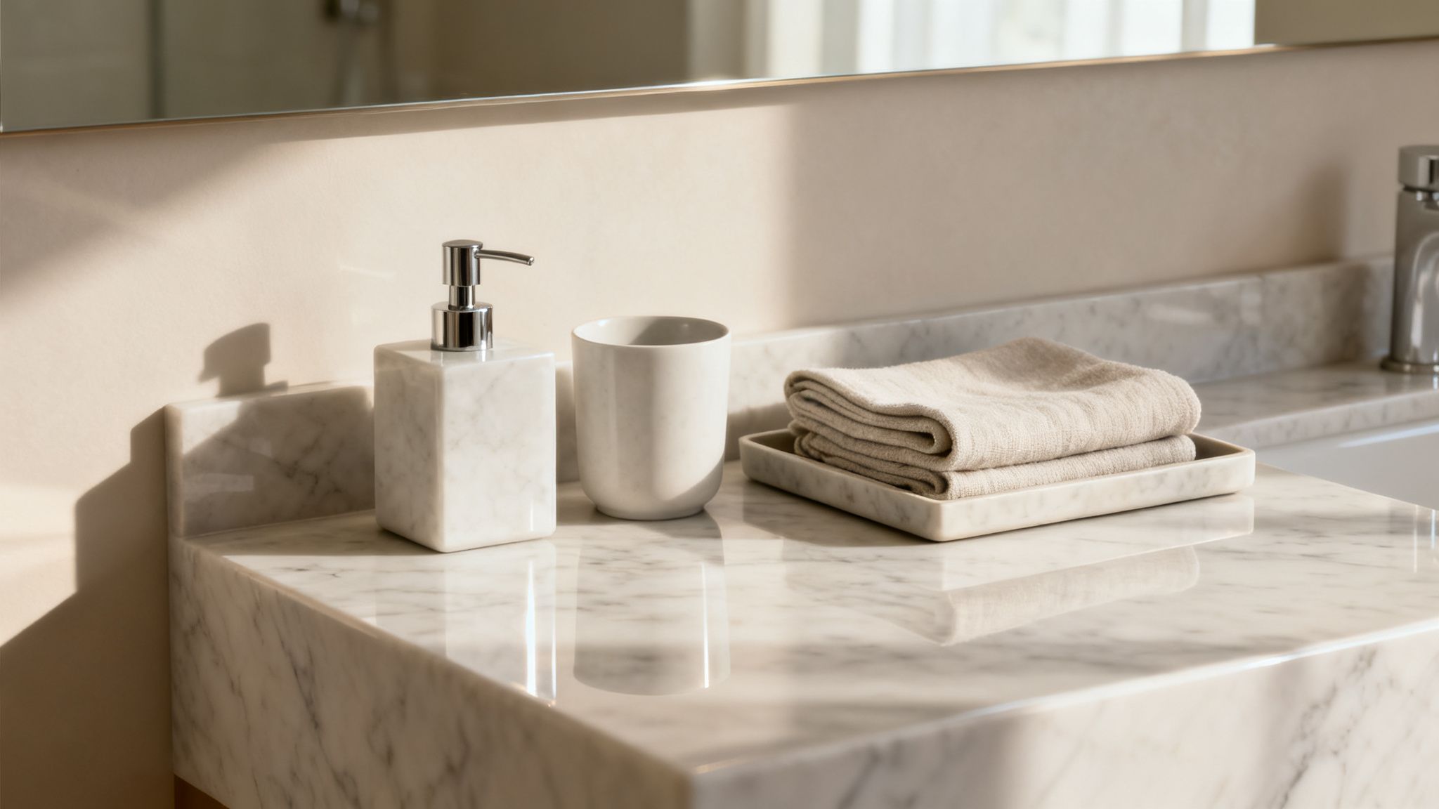 Modern bathroom counter with white marble soap pump, cup, and neatly stacked beige hand towels.