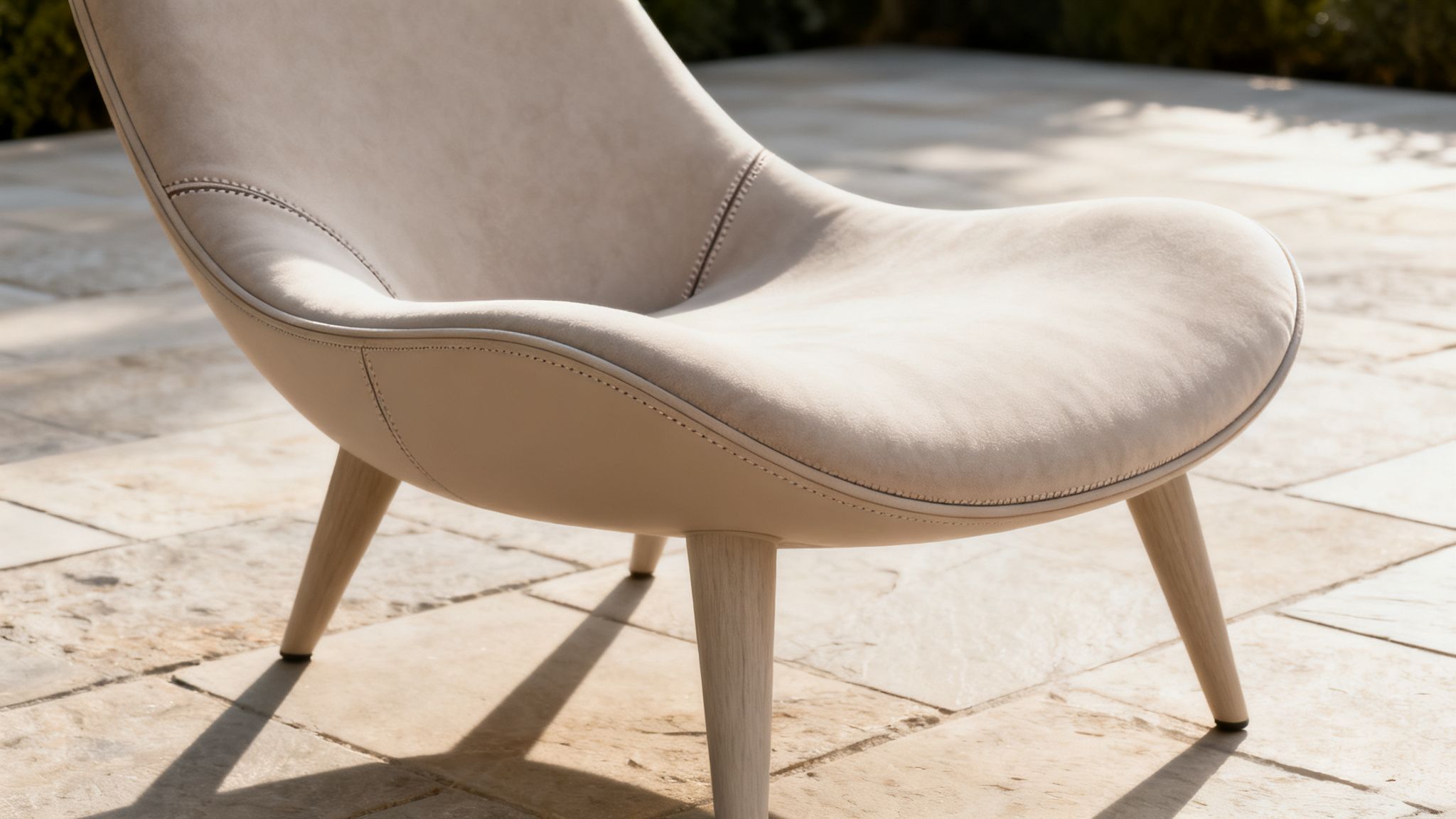 Close-up of a modern beige outdoor lounge chair with elegant wooden legs on a tiled patio.